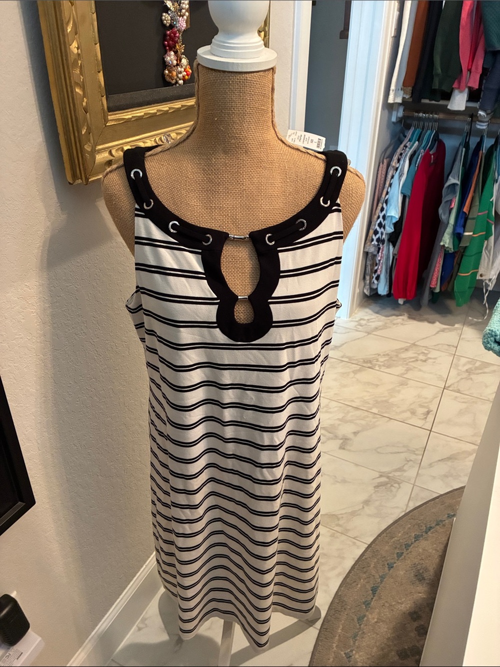 White House Black Market Black & White Striped Keyhole Tank Dress